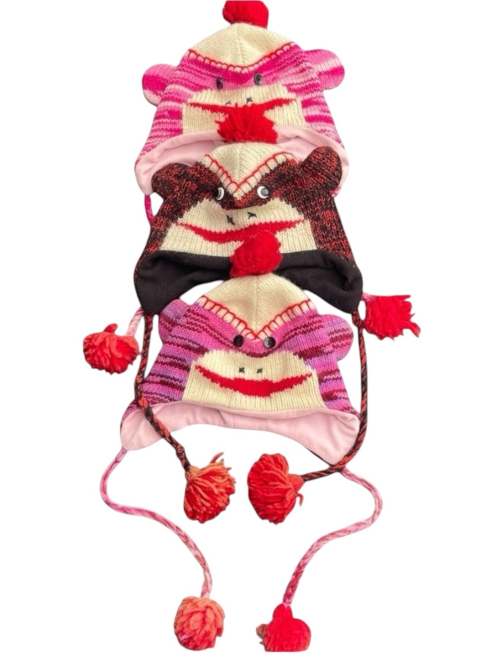 Family of 3 Wool Monkey Earflap Pom Pom Beenie Toque Hats (made in Nepal)